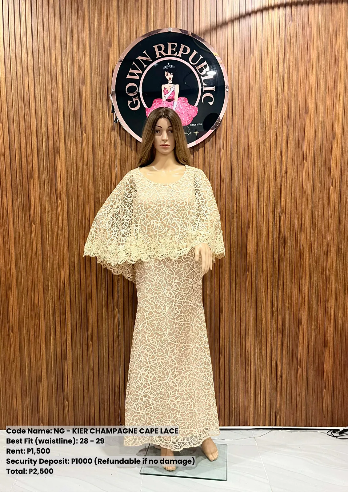 Ninang Gowns: Kier Champagne Cape Lace